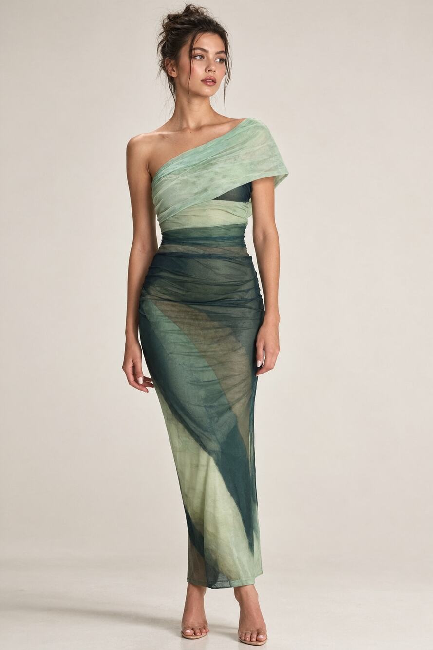 One-Shoulder Green Ombre Bodycon Sheath Dress M NWOT